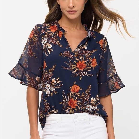 Floral Navy Blouse with Ruffle Sleeves - Picture 1 of 3